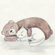 A cat & a bear sleeping in a bed