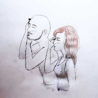 Aliya is applying mascara while Ante is shaving