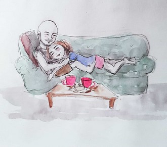 The ''Cuddlies'' cuddling on a sofa