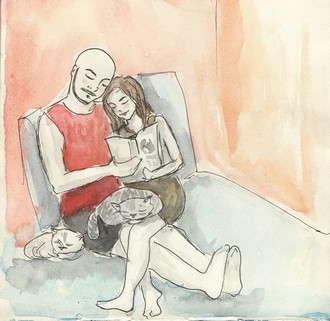 Ante is reading and Aliya is resting on his shoulder