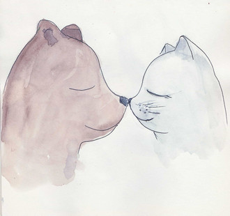 A cat & a bear touching noses