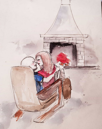 The ''Cuddlies'' cuddling in front of a fireplace