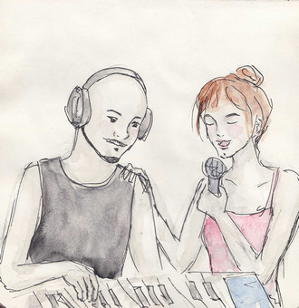 Aliya is singing while Ante is playing synthesizer